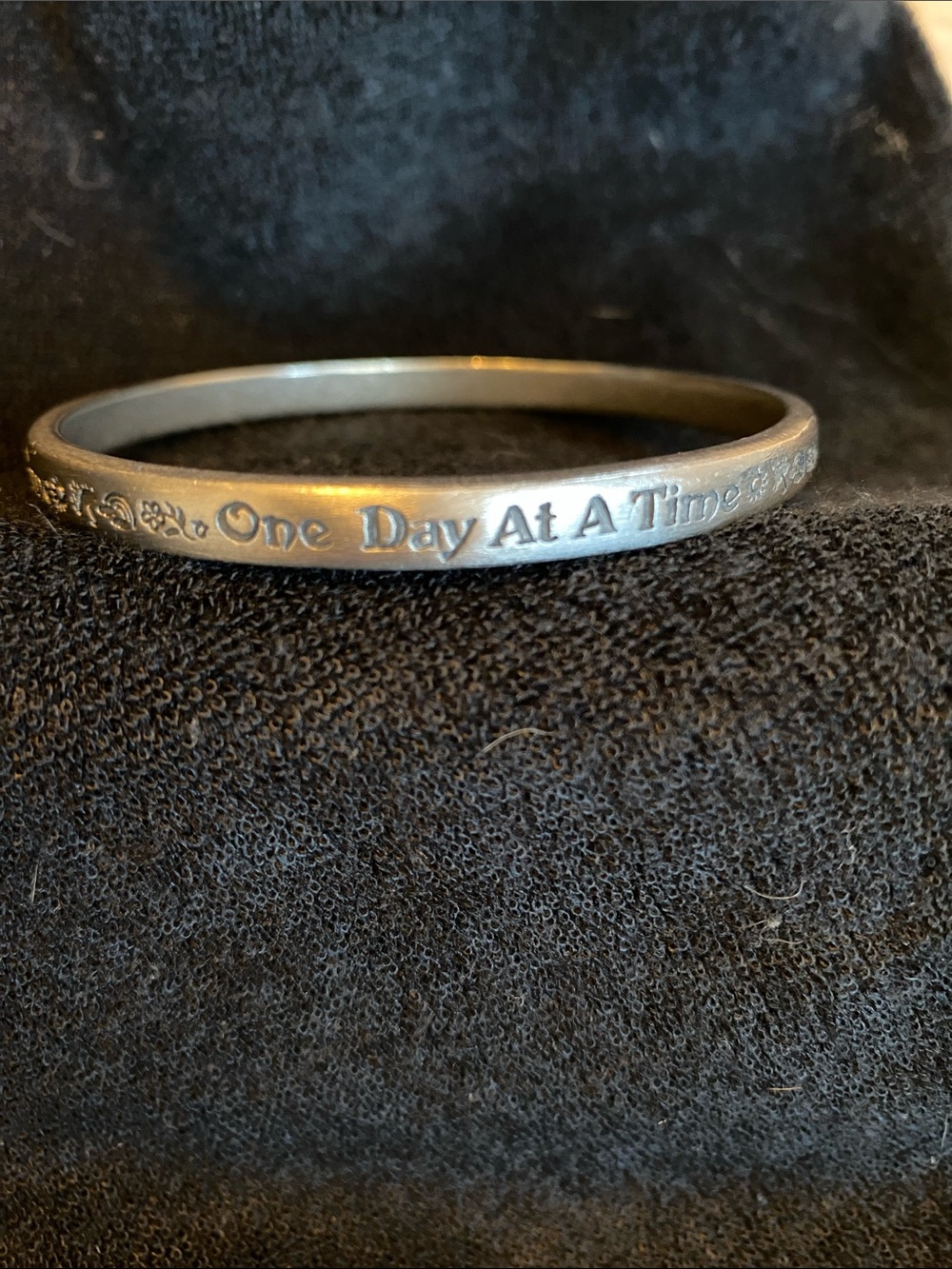 "One Day At A Time" Engraved Metal Bangle - Silver Tone
